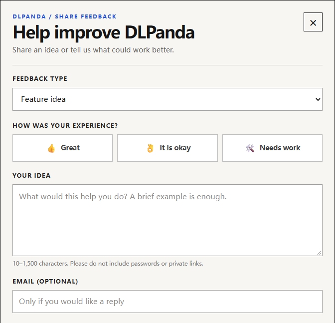 DLPanda feedback form in English with the Feature idea topic selected and an optional email field