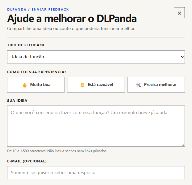 Formulário do DLPanda em português com Ideia de função selecionada, avaliação da experiência e e-mail opcional