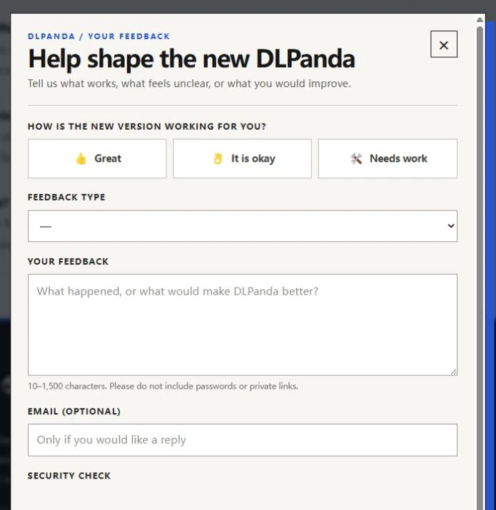 The DLPanda feedback form with experience rating, feedback type, message, and optional email fields