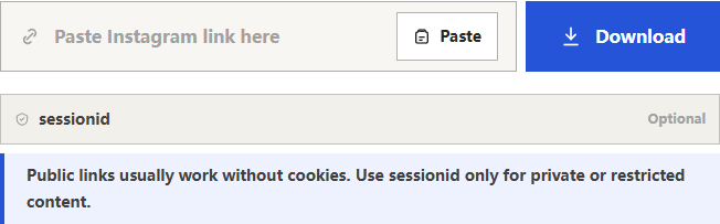 DLPanda Instagram download form with its optional session field