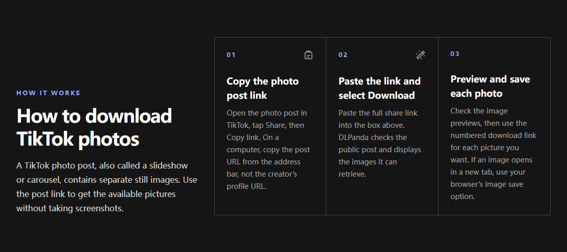 DLPanda instructions showing copy link, paste link, and save each photo